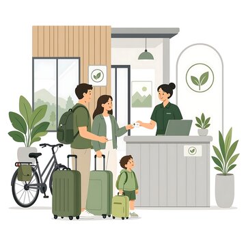 Family checking into eco friendly hotel with green luggage and modern reception.