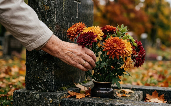 Senior woman placing autumn flowers on grave in cemetery