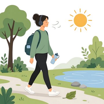 Woman walking in park with headphones and water bottle on sunny day outdoors.