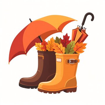 Autumn rain boots filled with colorful fallen leaves and bright orange umbrella.