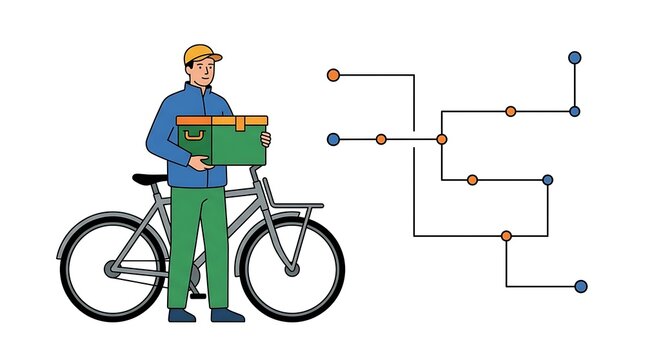 Delivery courier riding bicycle with cargo box and route planning interface design.