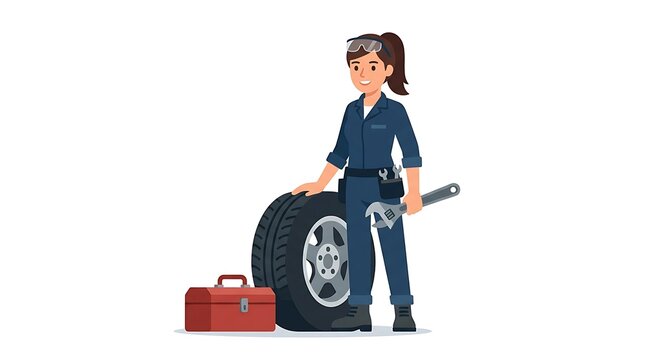 Female mechanic in blue jumpsuit holding wrench next to car tire and red tool box.