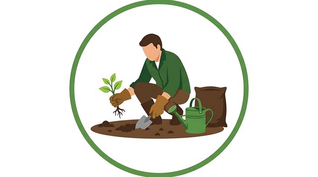 Man planting seedling in garden with shovel, bag of soil and watering can.