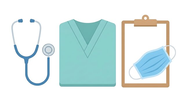 Medical uniform, stethoscope, clipboard and face mask for healthcare professionals.