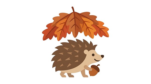Autumn hedgehog with acorn under leaves for fall season decoration.