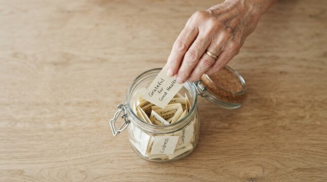 Elderly woman putting a gratitude note into a glass jar filled with positive messages on wooden table