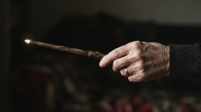 Elderly person holding a glowing wooden magic wand representing fantasy, magic, and spellcasting