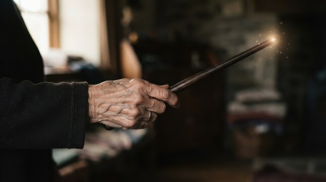 Elderly woman holding a glowing magic wand creating a spell representing fantasy and mystery