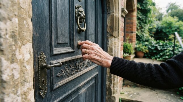Elderly woman knocking on a rustic wooden front door of an English cottage, representing visitors or arrival