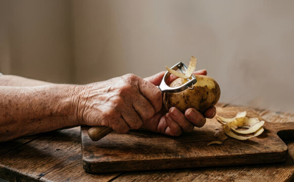 Elderly woman hands peeling a fresh raw potato with a peeler on a rustic wooden cutting board