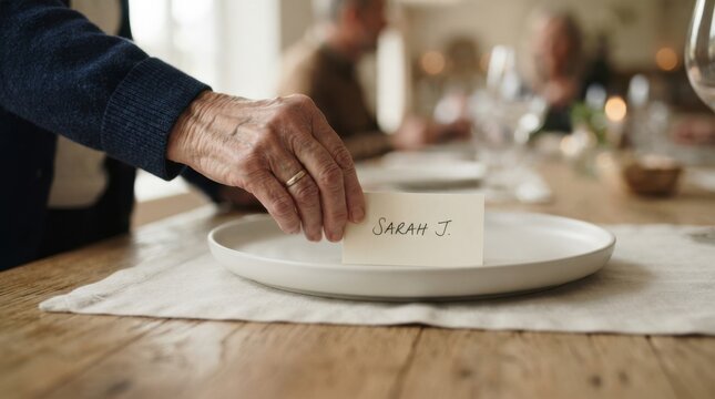 Elderly person placing a place card on a dinner plate at a family gathering table setting
