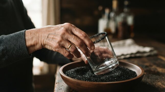 Elderly woman rimming a glass with black salt for a cocktail preparation in a rustic kitchen