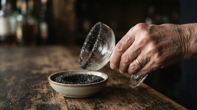 Elderly man rimming a cocktail glass with black salt for a dramatic Halloween drink preparation