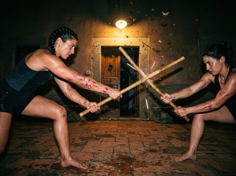 Stick fighting training with two women in a rustic indoor gym