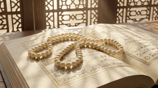 Holy Quran and prayer beads on table.