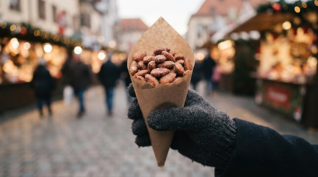 Roasted candied almonds in paper cone at Christmas market winter street food snack