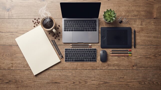 Stylish creative workspace flat lay with laptop, coffee, sketchbook, pencils, drawing tablet and plant arranged on a natural wooden desk.
