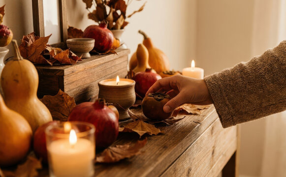 Autumn harvest decor with candles, pumpkins, pomegranates, and dried leaves on a rustic wooden console table