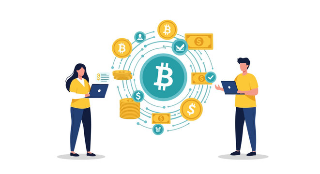 Crypto transaction vector illustration. Bitcoin trading and digital currency exchange between business people using laptops. Financial technology, peer to peer transfer, e-payment concept