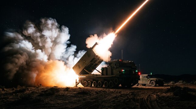 Night Launch of MLRS Rocket Artillery System