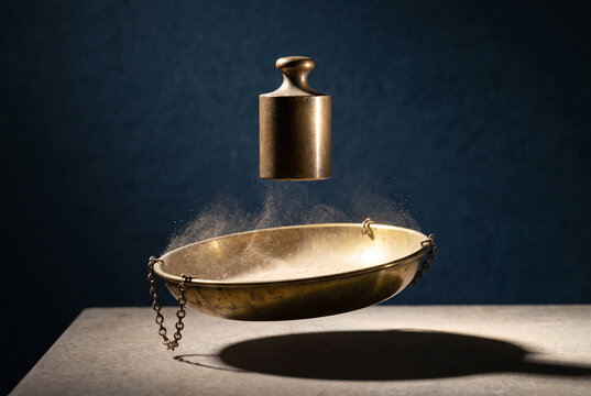 Brass balance scale suspended above dusty weighing pan on dark background