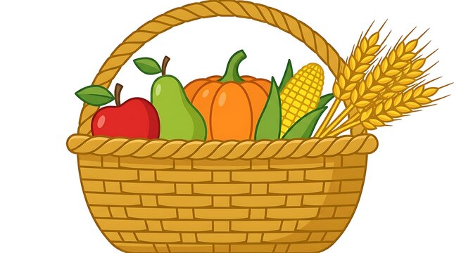 Harvest bounty in woven basket with colorful fruits and vegetables for autumn.