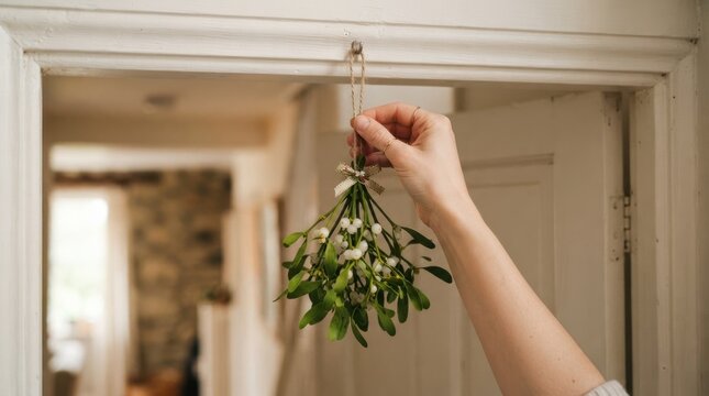 Woman hanging mistletoe in a doorway for Christmas tradition decoration