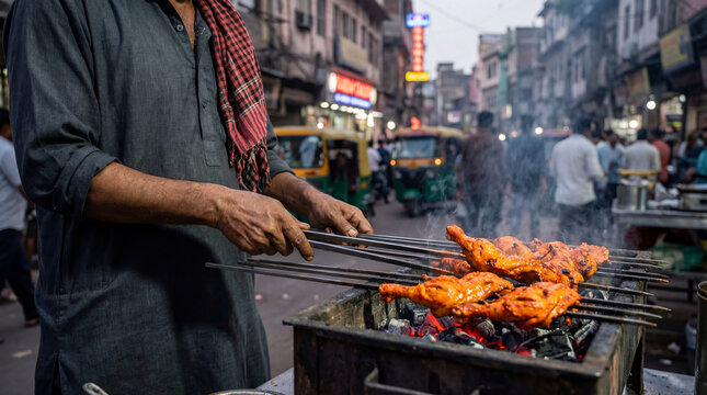 Tandoori chicken roasting over glowing charcoal at a street food stall in Old Delhi's Chandni Chowk, with a vendor turning marinated chicken skewers amid the smoky night market