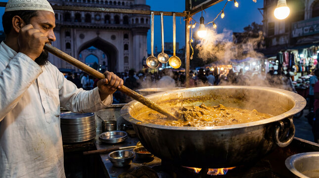 Hyderabadi haleem simmering in a huge steel cauldron at a bustling Old Hyderabad street food stall near Charminar, with a cook stirring the rich meat and lentil stew over an open flame