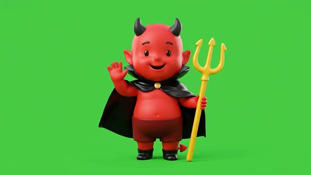 Cute 3d cartoon devil character waving on green background