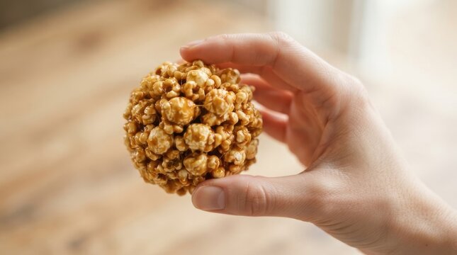 Caramel popcorn ball held in hand as a sweet treat for festive holiday dessert concepts