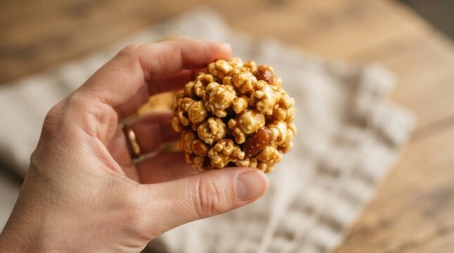 Woman holding homemade caramel popcorn ball with nuts as a sweet snack