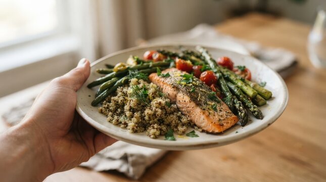 Healthy baked salmon fillet served with quinoa, asparagus, and cherry tomatoes on a plate