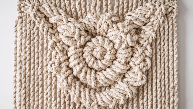 Handmade Macrame Wall Hanging Close-Up, Woven Cotton Rope Cord Texture Pattern, Bohemian Home Decor Craft with Spiral Knot Design