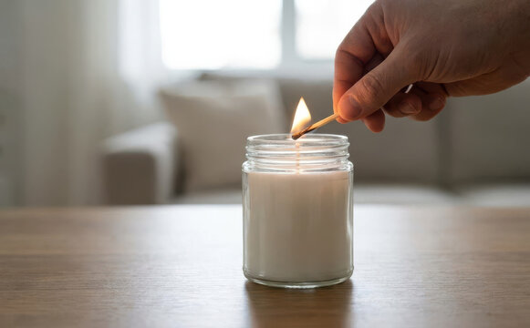 A person lighting a scented candle with a match in a cozy living room, symbolizing relaxation, mindfulness, and home decor