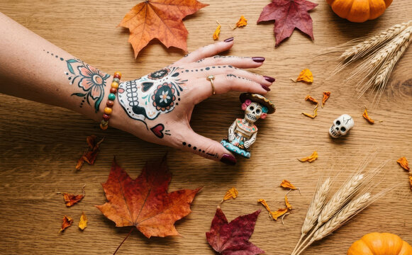 Woman holding sugar skull figurine celebrating Day of the Dead with autumn leaves and pumpkins
