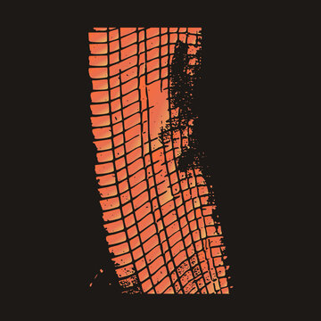 Bold rubber tire tread imprint burning in hot orange, a classic skid mark left by hot rods and race. Distressed grunge distortion gives this tire track a raw street racing edge.