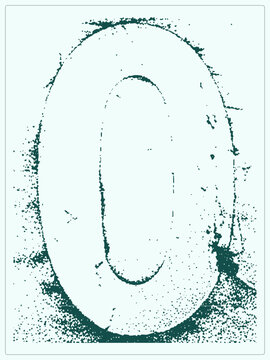 Weathered letter O, also called a zero or nought, rendered in distressed stencil style with speckled ink splatter. The grunge zero glyph works as a nil symbol or naught for edgy typography designs.