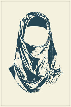 Veiled woman as a faceless anonymous figure, hijab draped over hidden features. This grunge stencil muhajabbah evokes modesty, mystery and identity in vintage duotone.