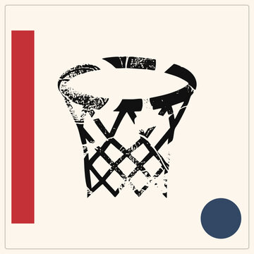 Weathered basketball rim and net, the street slang "the hoop" and "bucket," rendered in gritty grunge stencil black. Distressed texture gives this hard court a raw, urban, throwback vibe.