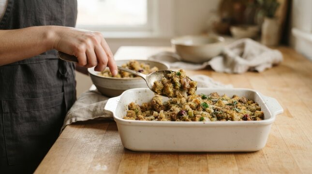 Woman serving homemade traditional Thanksgiving stuffing or dressing from a white baking dish on a wooden kitchen counter