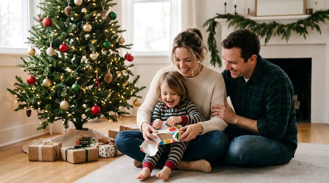 Young family with a child sitting on the floor in front of a christmas tree opening presents family portrait parents and child tradition