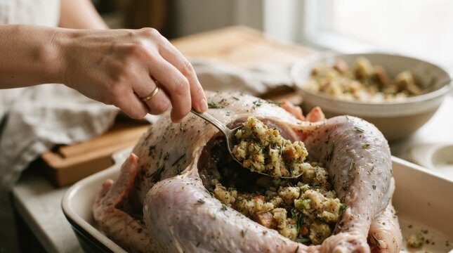 Person stuffing a raw turkey with herb bread filling for Thanksgiving dinner preparation in a kitchen
