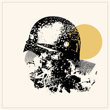Distressed deaths head in a stahlhelm rendered with halftone dots and grunge texture, fragments dissolving into splatter beside a mustard circle. Bold stencil style tin hat soldier artwork.