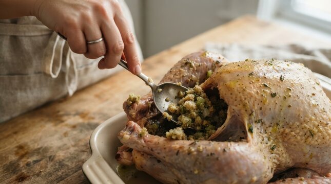 Woman stuffing a raw whole turkey with seasoned bread stuffing in a kitchen before roasting for Thanksgiving dinner