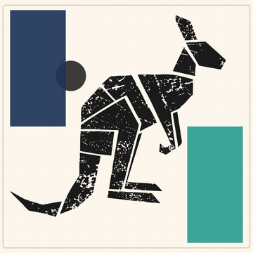 Distressed kangaroo made of angular polygon segments in rough stencil texture. The Aussie, also called a roo in bush slang, sits beside navy and teal blocks in a retro abstract style.