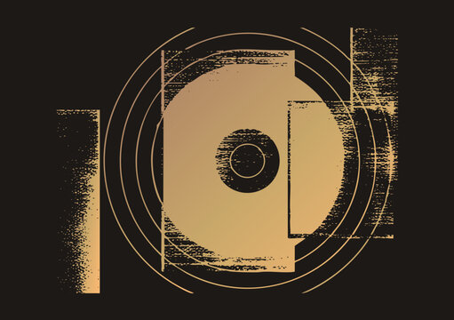 Distressed gold vinyl record spinning with concentric grooves, layered with grunge rectangles and halftone texture. Flat vector with stencil grit evokes retro music culture.