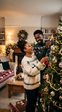 Cheerful couple in winter sweaters decorating a large christmas tree at home with home interior family tradition cozy home living room