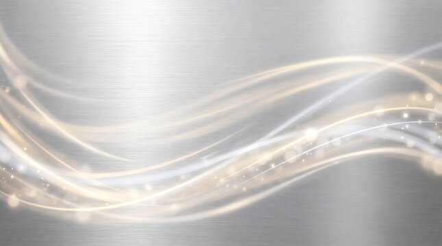 Abstract flowing light waves on metallic brushed silver background with metal texture glowing lines light trail abstract background