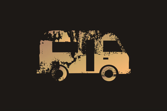 Weathered campervan silhouette with heavy grunge erosion, perfect for road trip designs. This retro motorhome sleeper van or hippie bus features distressed spray texture and warm amber fading.